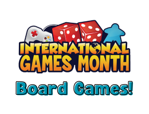 white background, logo for International Games month, text 