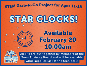 orange background with graphic of stars and a clock face on left. Text read 